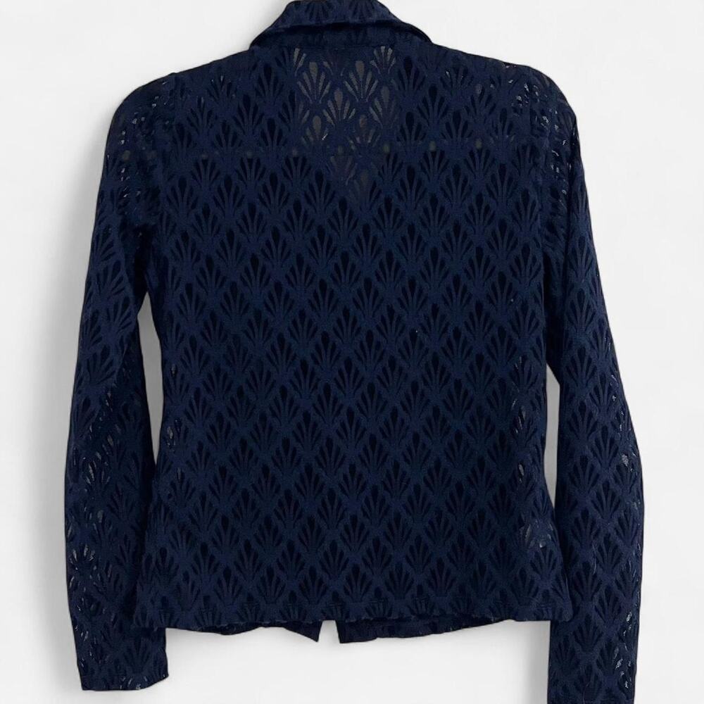LOFT Textured Navy Sheer/Lace Button-Up Top - Picture 6 of 8